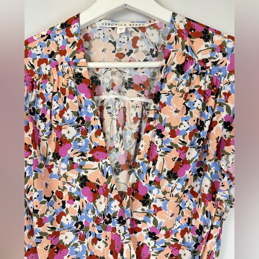 Veronica Beard Marla Ruched Floral Dress Short Flutter Sleeves Silk Blend Size 4 - Picture 4 of 16